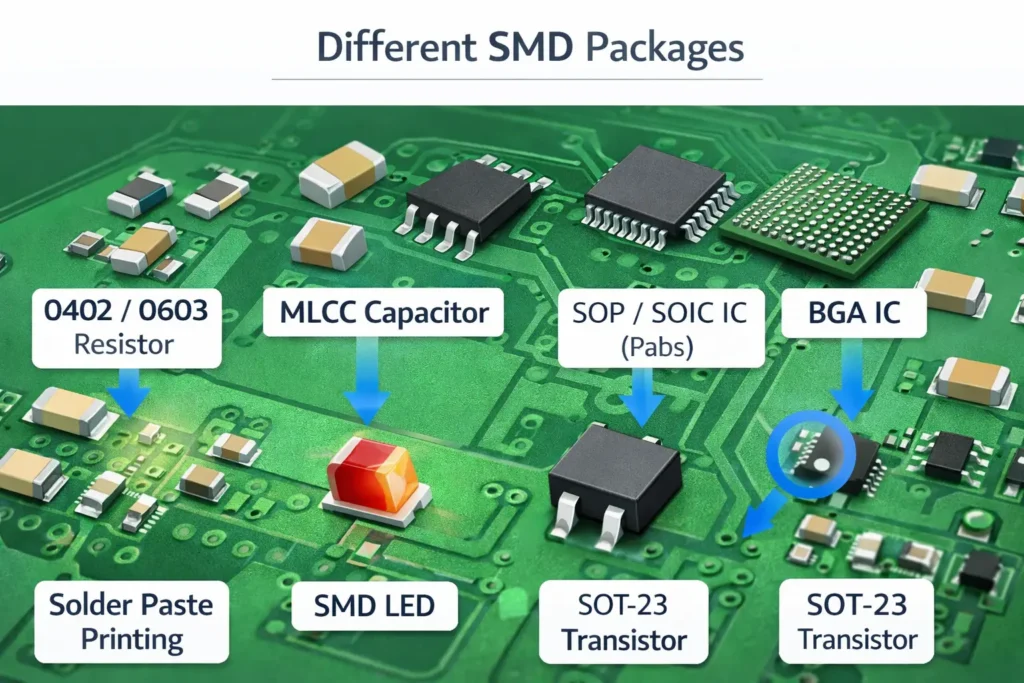 Examples of common SMD components including resistors, capacitors, ICs, LEDs, and transistors.
