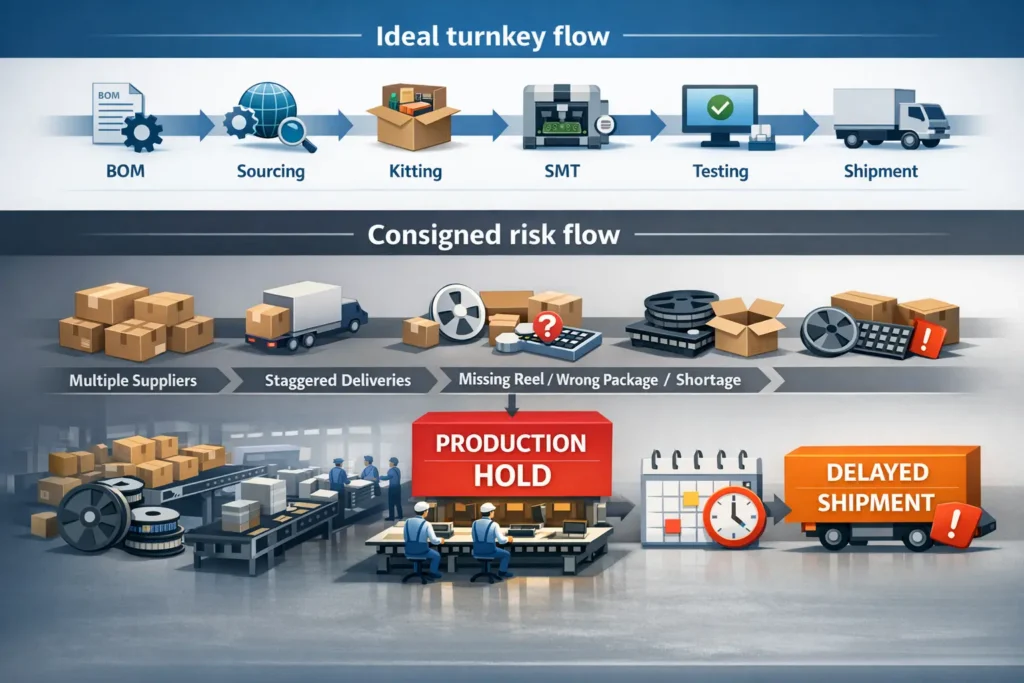 Workflow infographic showing how incomplete kits, shortages, and split shipments can delay consigned PCB assembly compared with a more integrated turnkey schedule