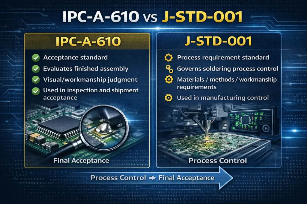 Comparison chart showing the difference between IPC-A-610 and J-STD-001 in PCB assembly, with one focused on acceptance and the other on process requirements.