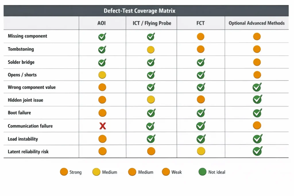 Matrix infographic showing which PCBA defects are best detected by AOI, ICT, FCT, and related inspection methods