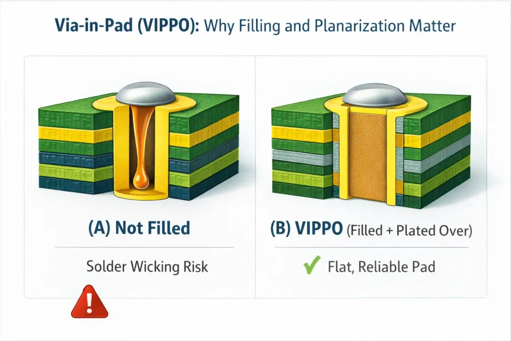 Cross-section diagram comparing via-in-pad without filling vs VIPPO filled and plated-over to prevent solder wicking.