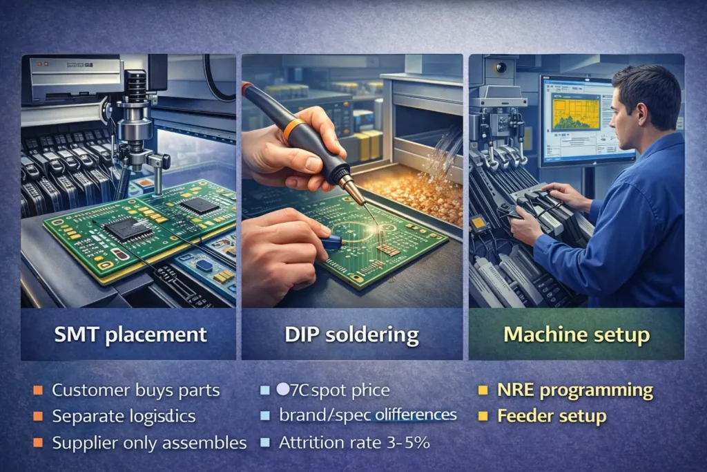 Manufacturing image showing SMT pick and place process, DIP soldering, and engineering setup for PCB assembly production