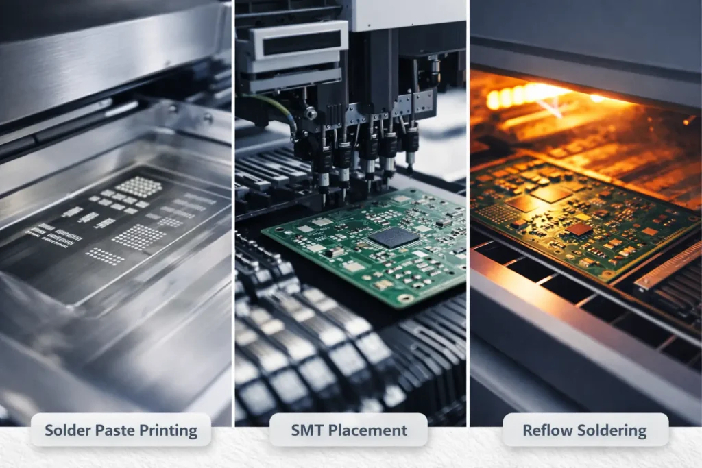 Three-stage SMT assembly image showing solder paste printing, pick-and-place assembly, and reflow soldering