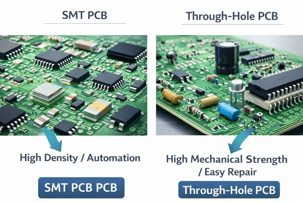 Comparison of SMT and through-hole assembly showing dense SMD layout vs through-hole components.