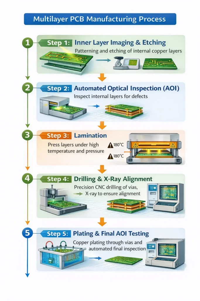 Flowchart showing the steps in the manufacturing process of multilayer PCBs including imaging, AOI inspection, lamination, drilling, and X-ray
