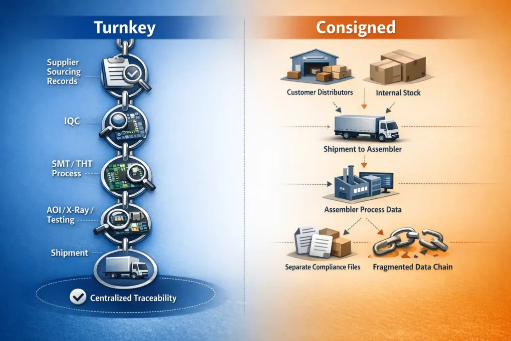 Traceability diagram showing centralized sourcing and production records in turnkey PCB assembly versus fragmented documentation across customer and assembler systems in consigned assembly
