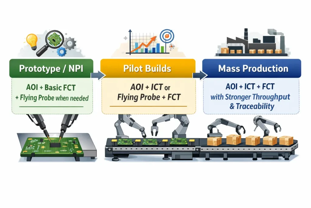 Workflow diagram showing how AOI, ICT, flying probe, and FCT fit different PCB assembly stages from prototype to mass production