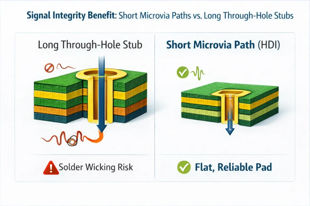 Diagram showing reduced via stubs in HDI microvias compared with long stubs in through-hole vias for high-speed signals.