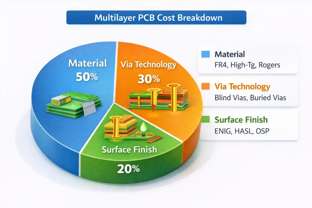 Pie chart showing the breakdown of cost factors in multilayer PCB manufacturing such as material, via technology, and surface finish