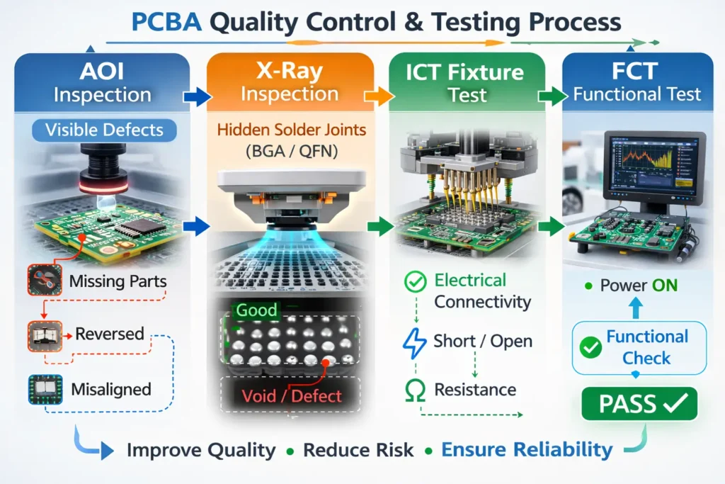 Quality control diagram showing AOI inspection, X-ray inspection for BGA solder joints, ICT fixture testing, and functional testing in PCBA manufacturing
