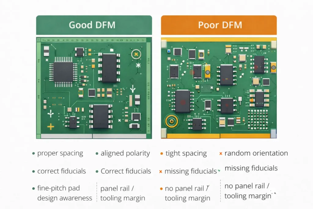 SMT DFM comparison showing good and poor PCB layout practices for spacing, orientation, and fiducials