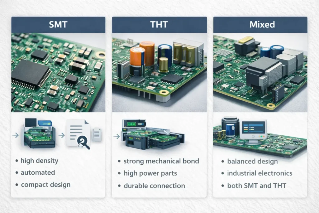 Comparison chart showing SMT, through-hole, and mixed PCB assembly methods and their typical applications