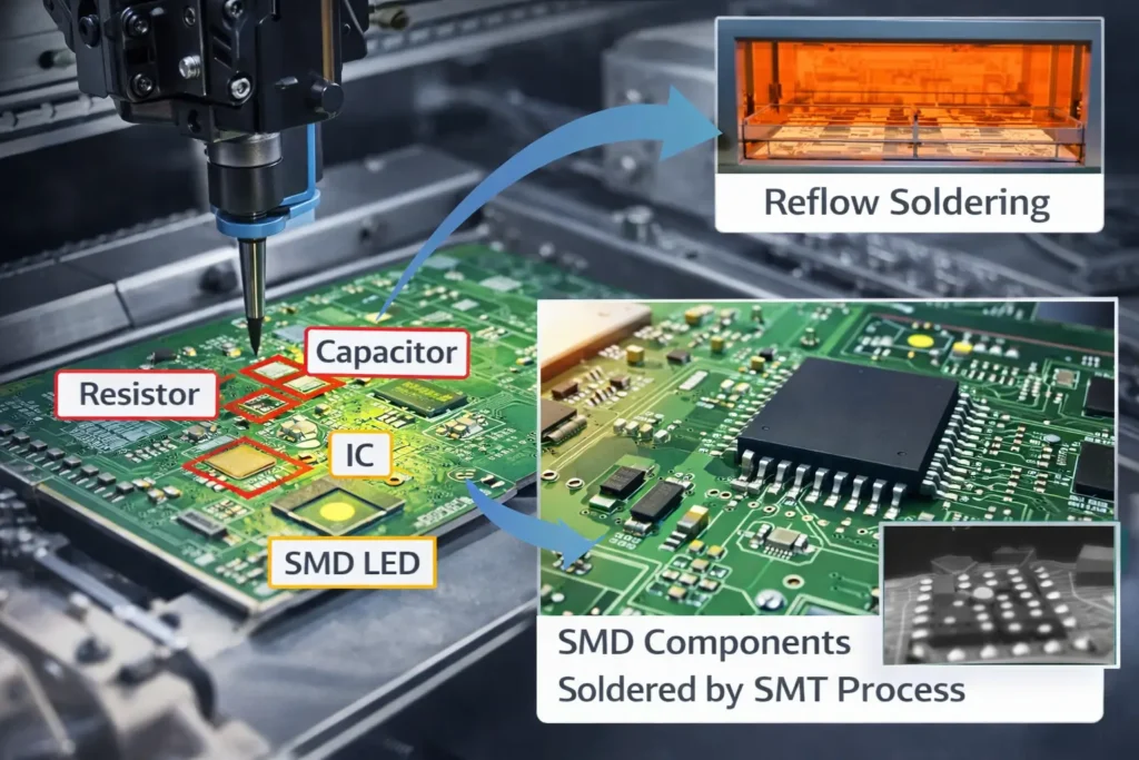Pick-and-place machine placing SMD components on PCB and SMT process flow including reflow soldering.