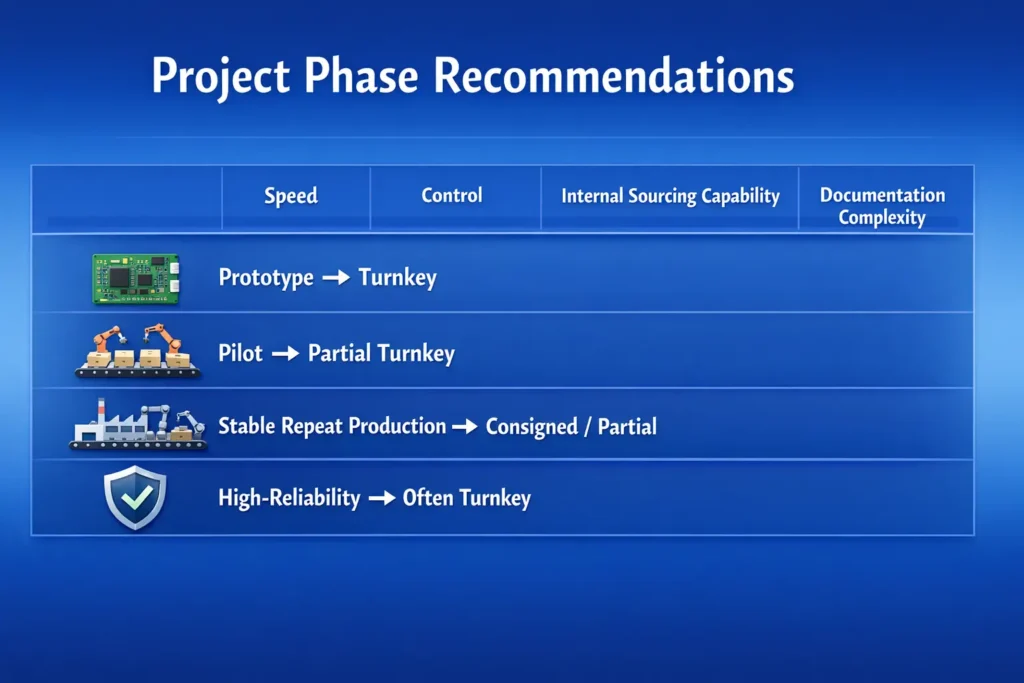 Matrix showing when turnkey, partial-turnkey, or consigned PCB assembly is most suitable across prototype, pilot, repeat production, and high-reliability stages