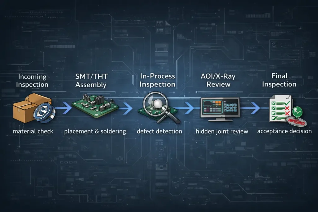 Workflow diagram showing how IPC-A-610 is applied from incoming material inspection to final PCB assembly acceptance and shipment approval.