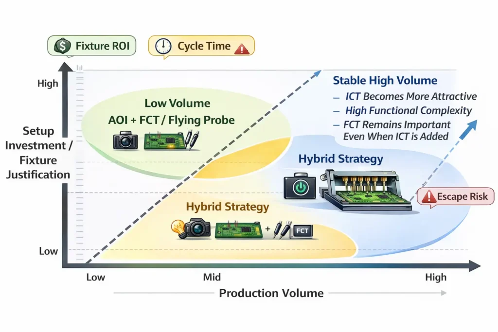 Decision graphic showing how production volume, fixture investment, and risk influence AOI, ICT, and FCT strategy in PCBA manufacturing