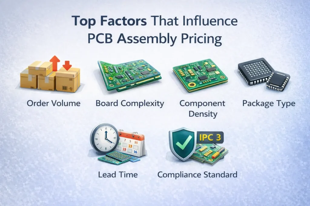 Infographic listing the top factors affecting PCB assembly pricing including order volume, board complexity, component density, lead time, and compliance level