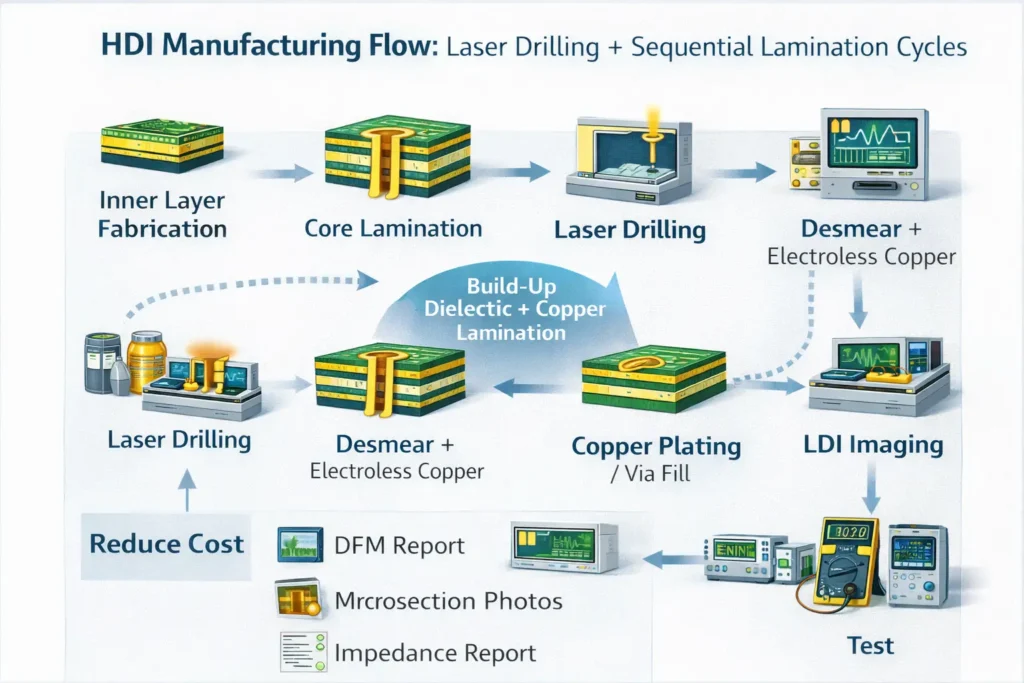 Flowchart of HDI PCB manufacturing showing laser drilling, desmear, plating, LDI imaging, and repeated sequential lamination.