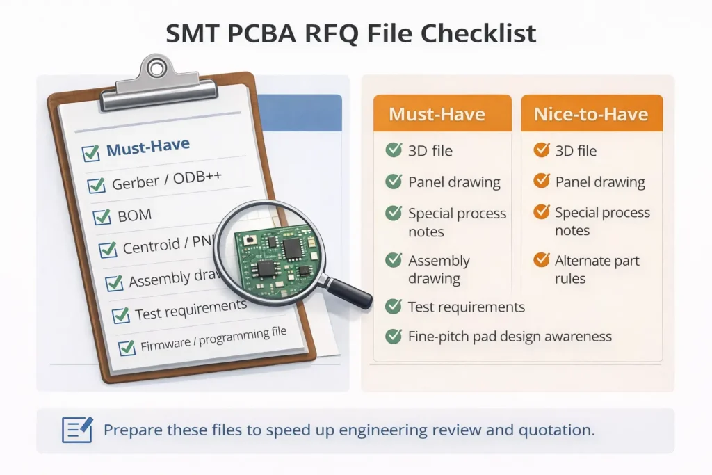 Checklist of files needed for a fast SMT PCB assembly quotation including Gerber, BOM, centroid, and assembly drawing