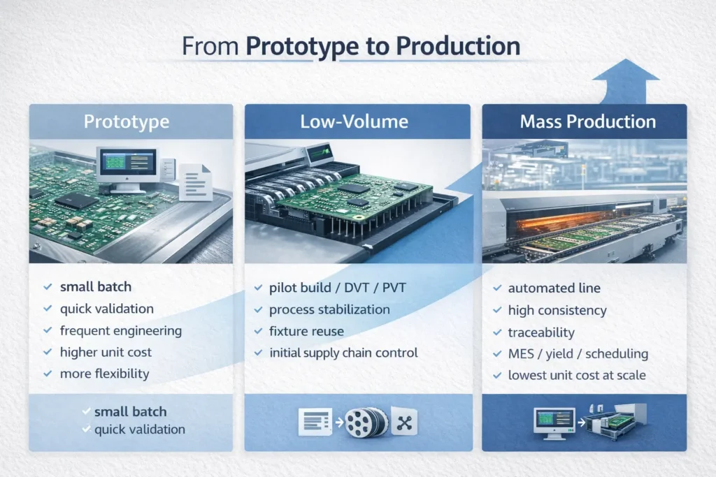 Three-stage comparison graphic showing prototype, low-volume, and mass production PCB assembly workflows