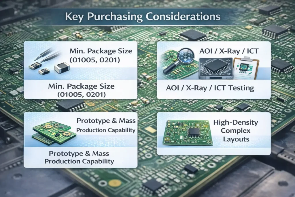 Diagram showing critical SMT capabilities buyers should evaluate, including component size, inspection, and production scale.