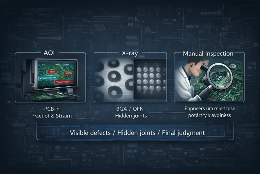 Illustration showing the roles of AOI, X-ray inspection, and manual inspection in PCB assembly quality control.