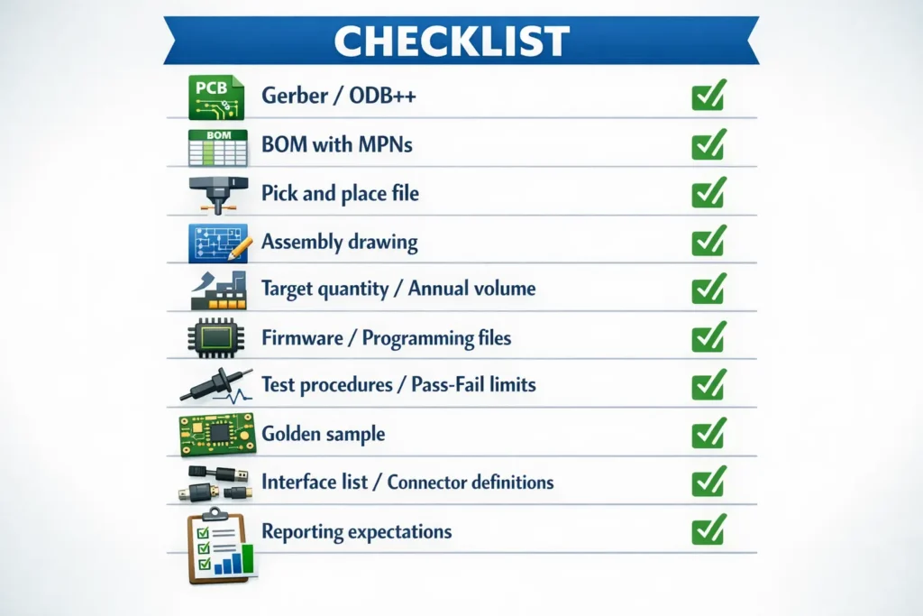 Checklist infographic showing the files and inputs buyers should provide for ICT or FCT planning in a PCBA project