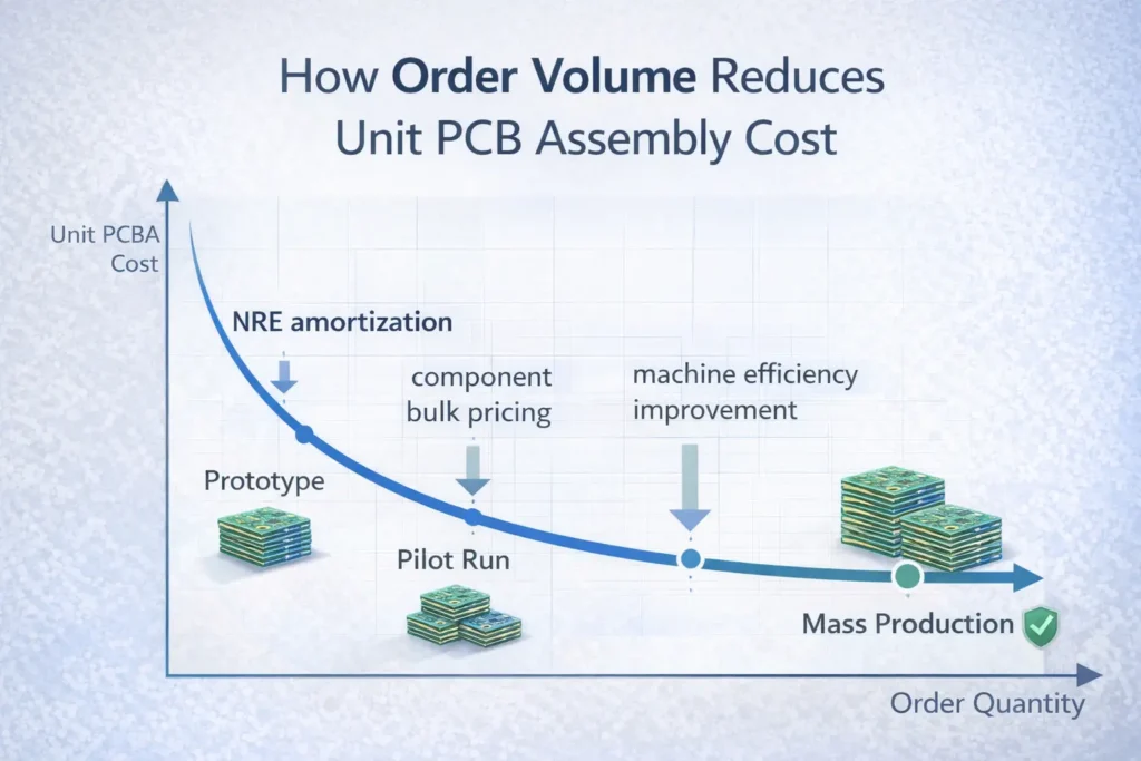 Line chart showing PCB assembly unit cost decreasing as production volume increases from prototype to mass production