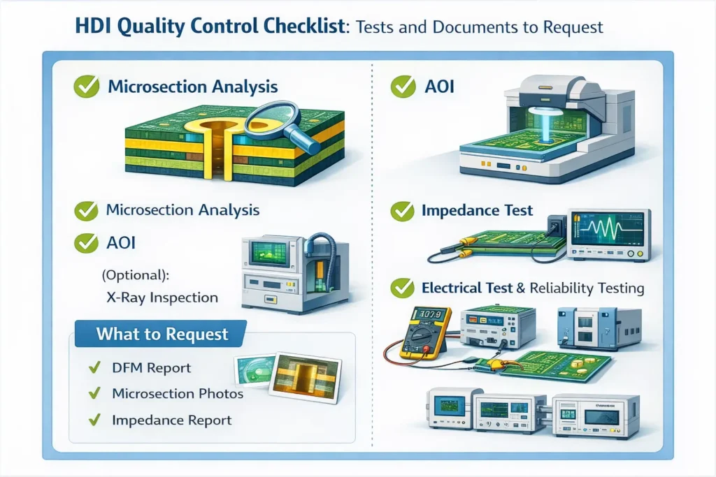 Checklist infographic of HDI quality controls including microsection analysis, AOI, impedance testing, and electrical test documents.