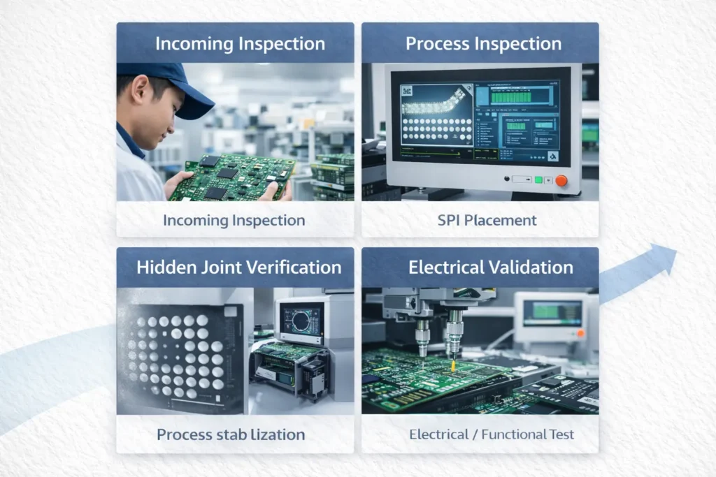 PCB assembly quality control image showing incoming inspection, SPI or AOI, X-ray inspection, and electrical testing