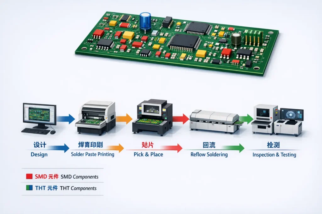 Diagram of PCB assembly workflow showing SMD placement, soldering, and inspection steps.