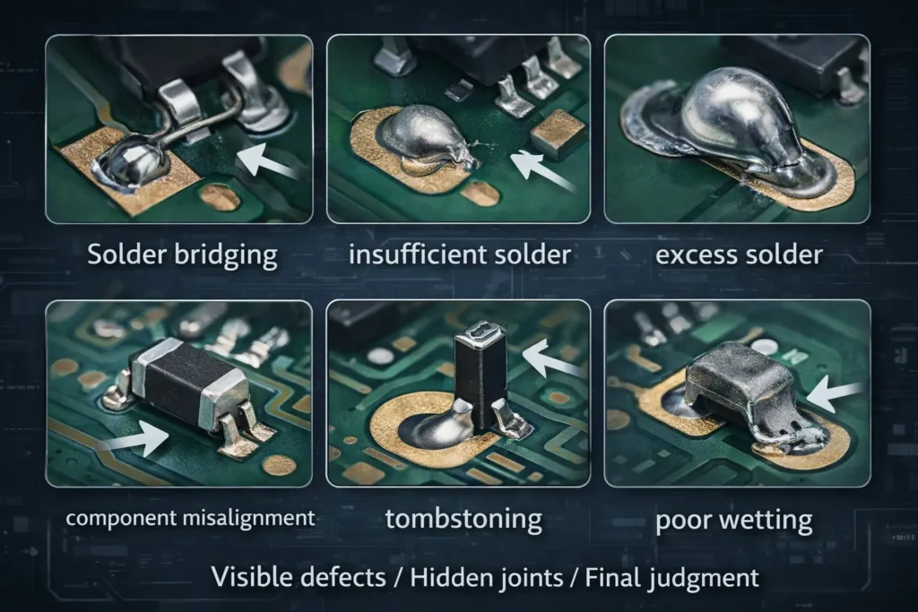Technical infographic showing common PCB assembly defects such as solder bridging, insufficient solder, excess solder, tombstoning, misalignment, and poor wetting.