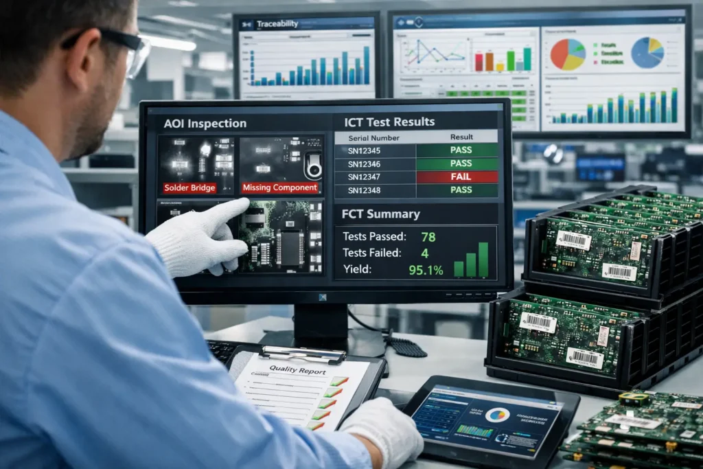 Industrial quality control scene showing PCBA test logs, traceability records, and engineer review of AOI, ICT, and FCT data