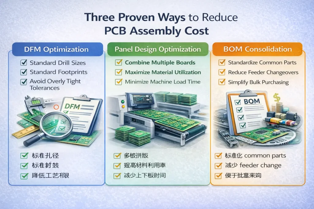 Infographic showing three PCB assembly cost reduction strategies: DFM optimization, PCB panelization, and BOM consolidation