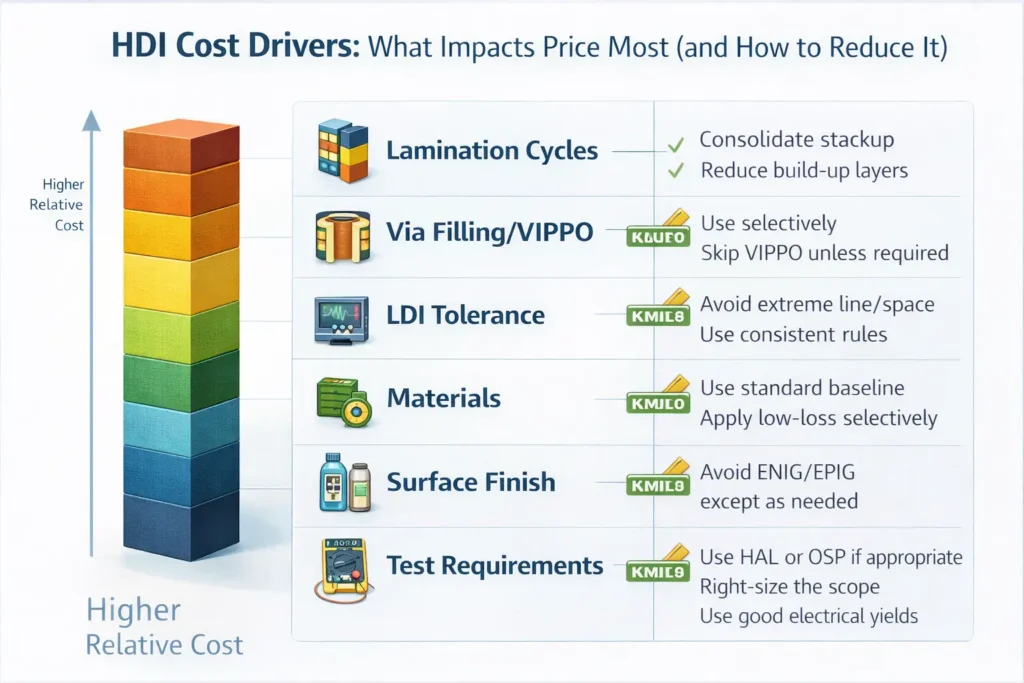 Bar chart of HDI PCB cost drivers including lamination cycles, via filling/VIPPO, materials, and test requirements with reduction tips.