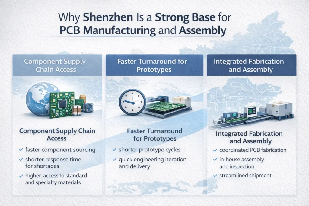 Infographic showing Shenzhen advantages in PCB manufacturing including supply chain access, fast prototyping, and integrated fabrication and assembly
