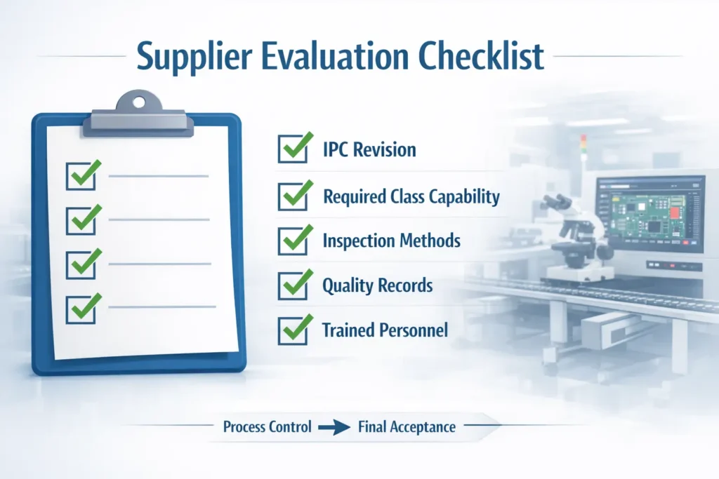 Checklist infographic showing what buyers should confirm with a PCB assembly supplier about IPC-A-610, including revision, class capability, inspection methods, quality records, and trained personnel.