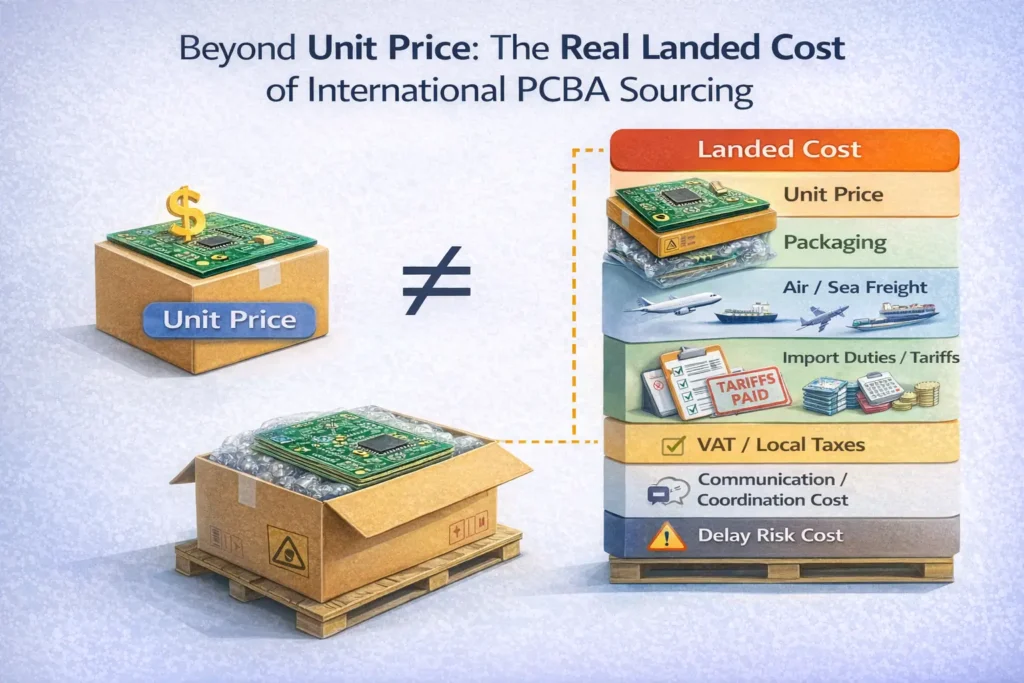 Diagram showing landed cost in international PCB assembly sourcing including unit price, packaging, freight, import duties, taxes, and coordination costs