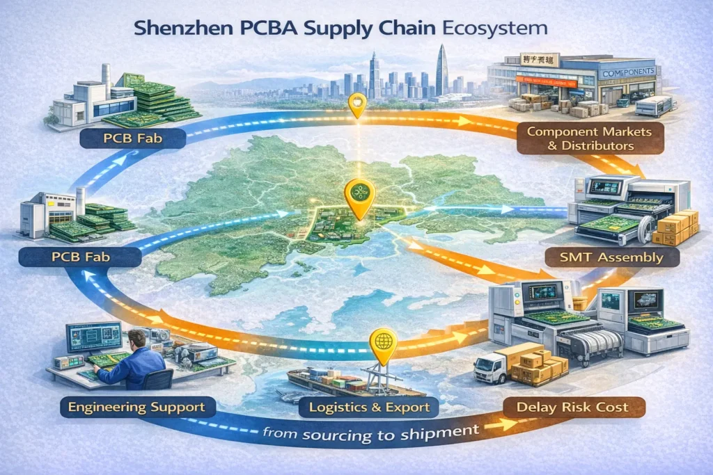 Illustration showing Shenzhen’s PCB assembly ecosystem including component sourcing, PCB fabrication, SMT lines, engineering support, and export logistics