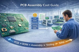 Featured image for a PCB assembly cost guide showing a populated circuit board, SMT manufacturing line, and cost breakdown elements in a Shenzhen PCBA factory setting