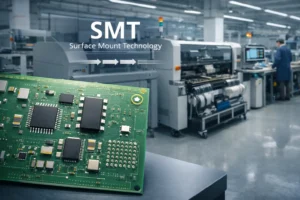 Featured image for an SMT meaning article showing a PCB with SMD components, SMT assembly equipment, and a modern electronics manufacturing line