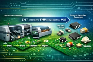 A professional illustration showing SMT process on the left with PCB and pick-and-place machine, and various SMD components on the right, highlighting the relationship between SMT technology and SMD components.