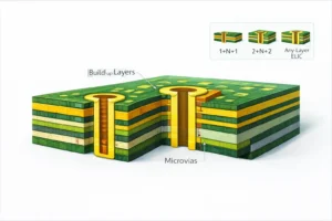 Hero illustration of an HDI PCB cross-section with microvias and build-up layers, representing 1+N+1 to ELIC stackups.