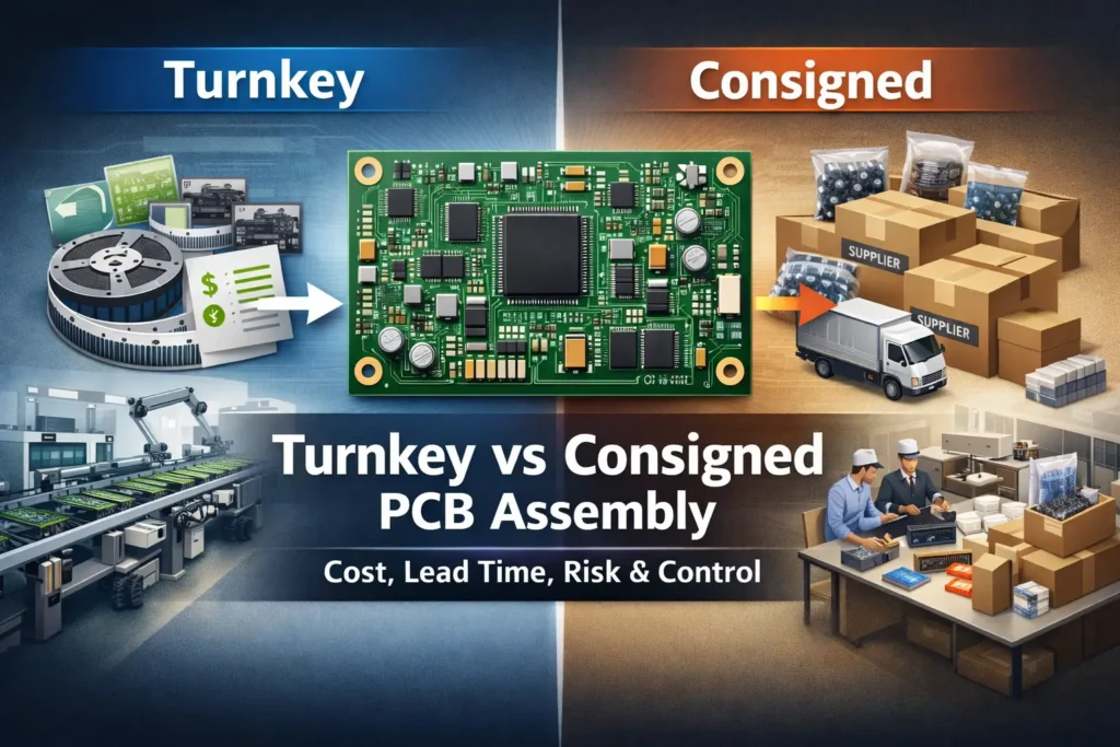 Comparison cover image showing turnkey vs consigned PCB assembly workflows, including component sourcing, logistics, and manufacturing coordination