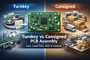 Comparison cover image showing turnkey vs consigned PCB assembly workflows, including component sourcing, logistics, and manufacturing coordination