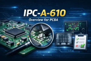 Professional social share cover image showing a PCB assembly under quality inspection, highlighting IPC-A-610 acceptance standards for PCBA.