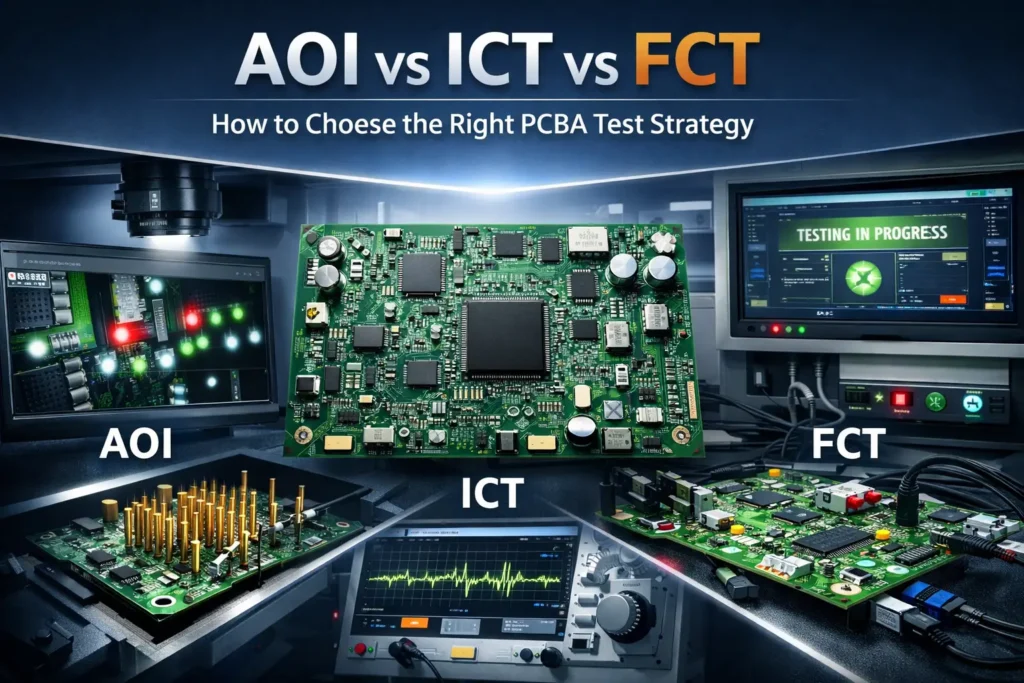 Professional comparison cover image showing AOI, ICT, and FCT methods for PCB assembly testing around a populated PCBA board