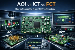 Professional comparison cover image showing AOI, ICT, and FCT methods for PCB assembly testing around a populated PCBA board
