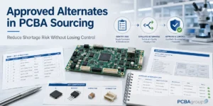 Social cover image for an article about approved alternates in PCBA sourcing, showing PCB components, BOM documents, and supply chain control visuals