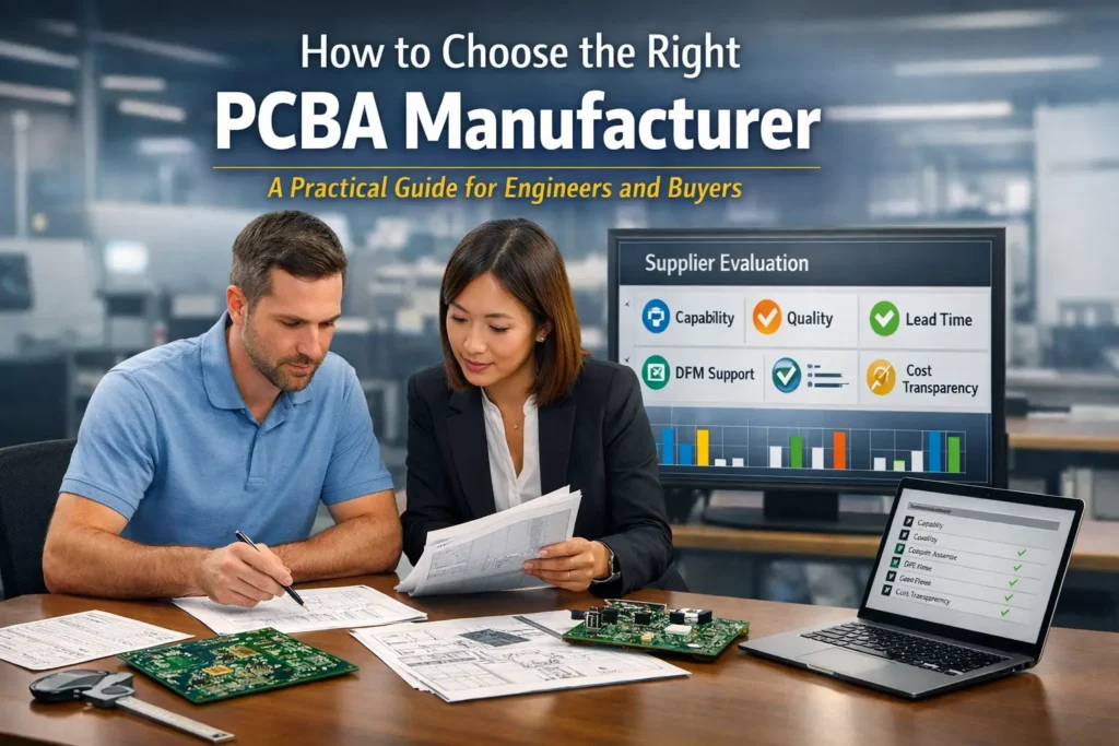 Engineer and procurement manager reviewing PCB and PCBA supplier evaluation criteria including quality, capability, lead time, and DFM support